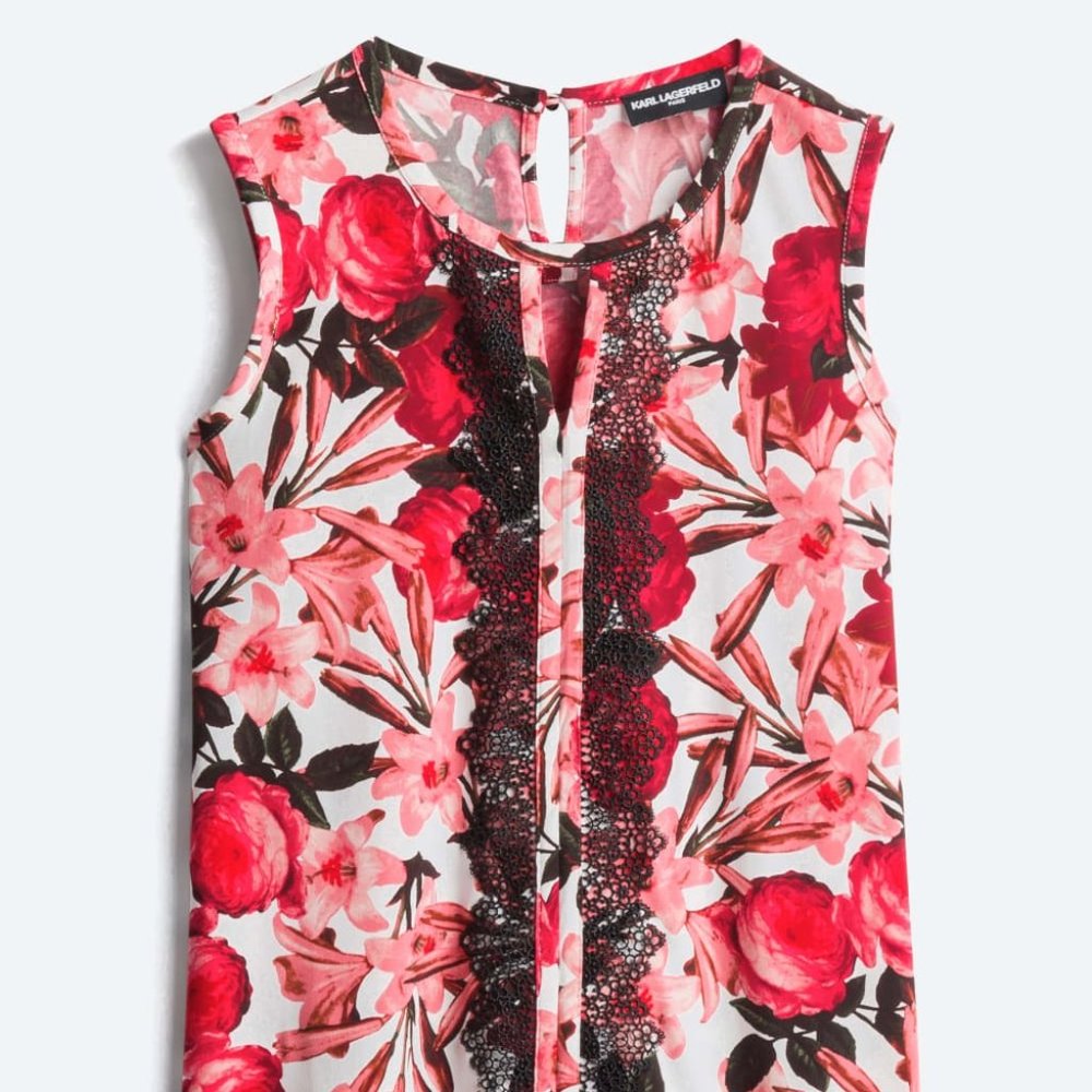 Karl Lagerfeld Paris Blouse - Red Floral with Lace